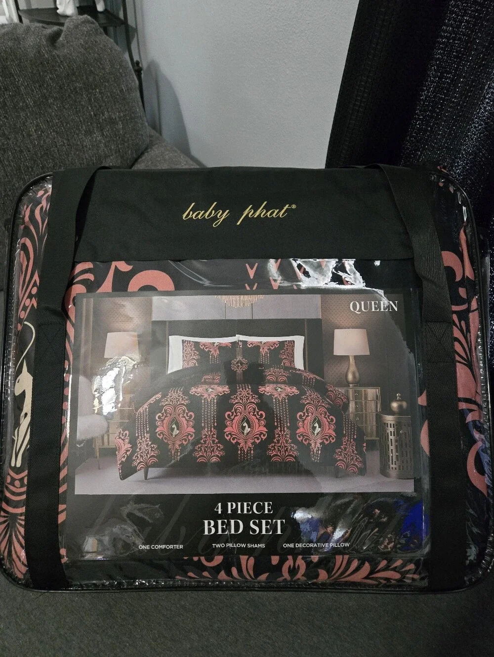 Queen Baby Phat Logo Comforter Bed Set Pink & Black